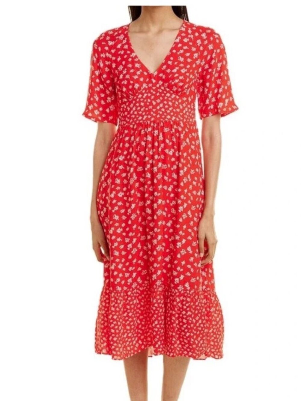French Connection Red Floral V-Neck Midi Dress Empire Waist Ruffle Hem Size 6